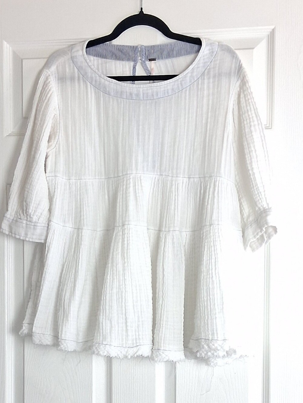 Free People White Tiered Babydoll Boho Chic Tunic Short Sleeve Blouse